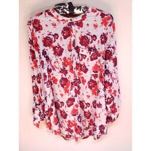 Lucky Brand Womens Floral Henley Top Blouse Medium Split Back Long Sleeve Pocket
